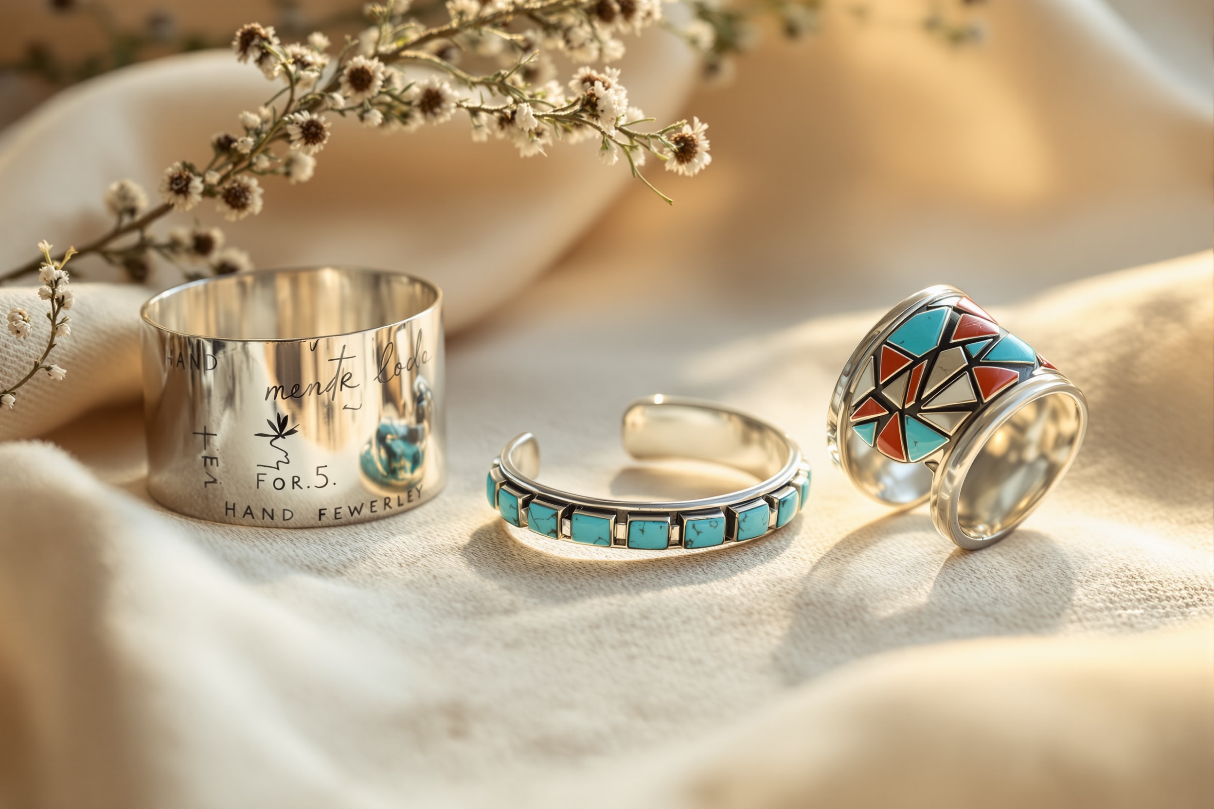 Silver cuff, turquoise row bracelet, and coral-and-turquoise inlay bracelet on linen