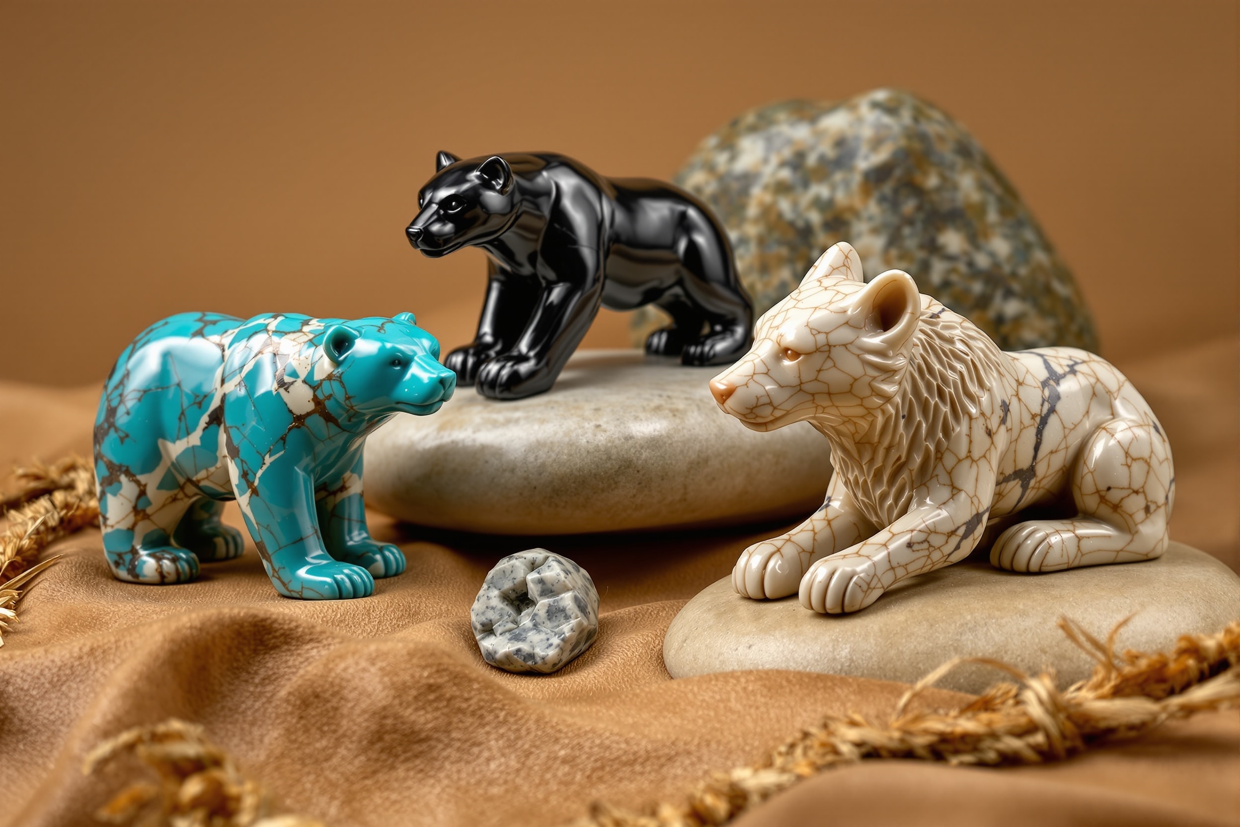 Small carved stone animal figures in turquoise, jet and patterned marble on leather and river stone