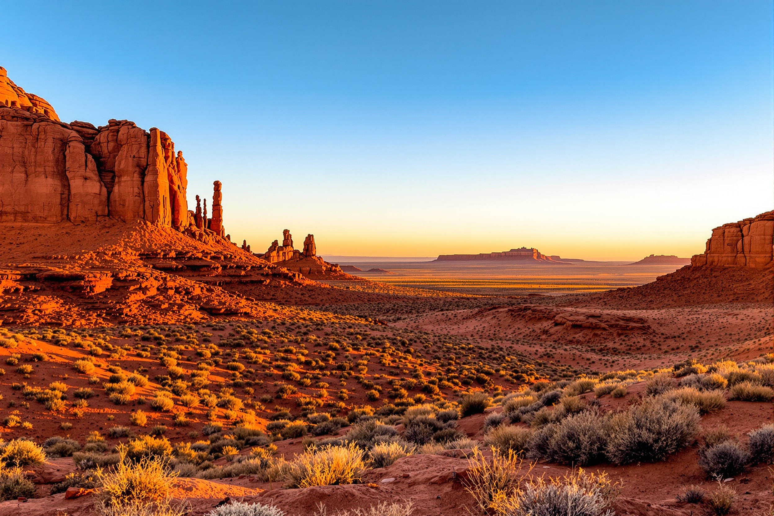Southwestern desert mesas and high plateau at golden hour, homeland of Pueblo nations