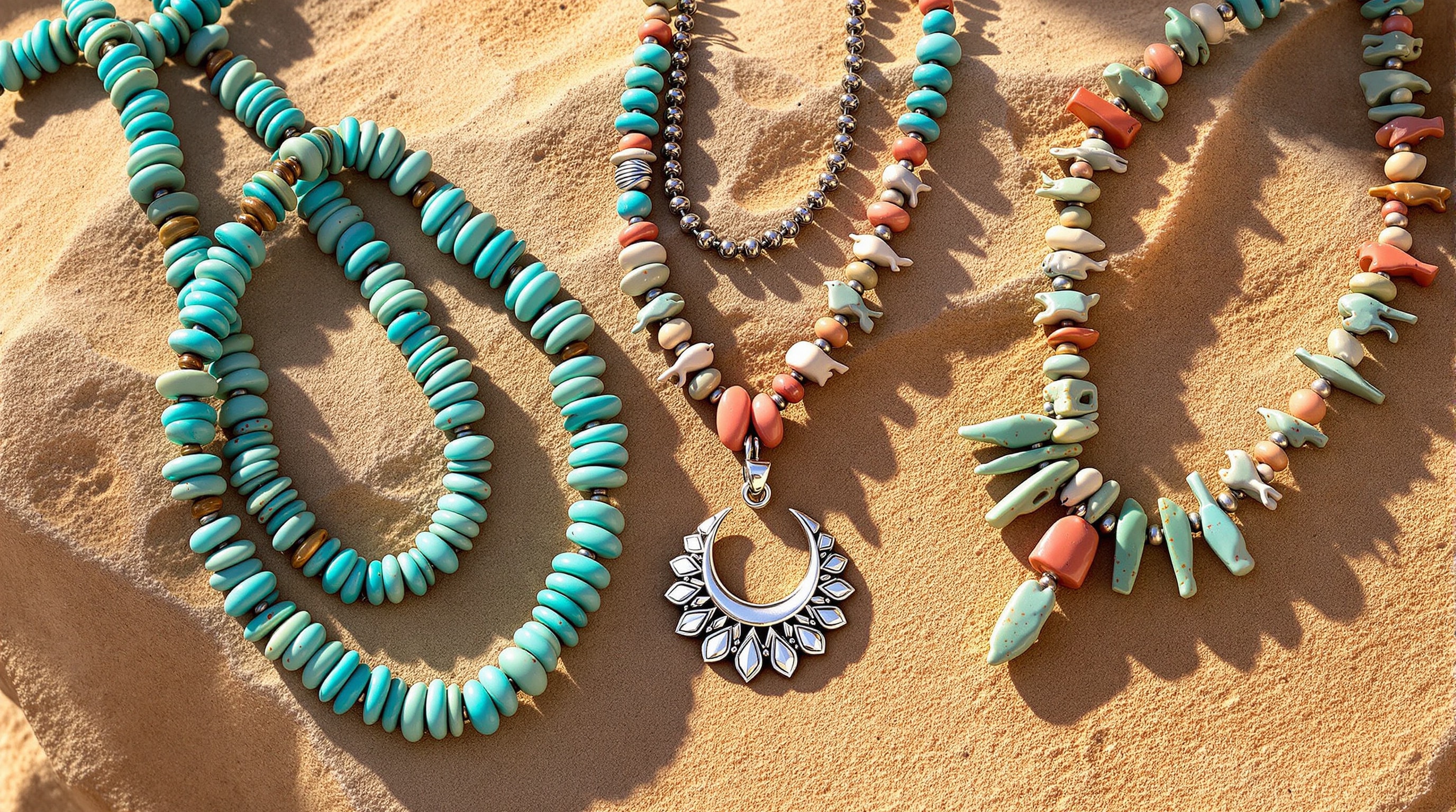Turquoise heishi strand, silver squash blossom necklace and carved fetish necklace on sandstone