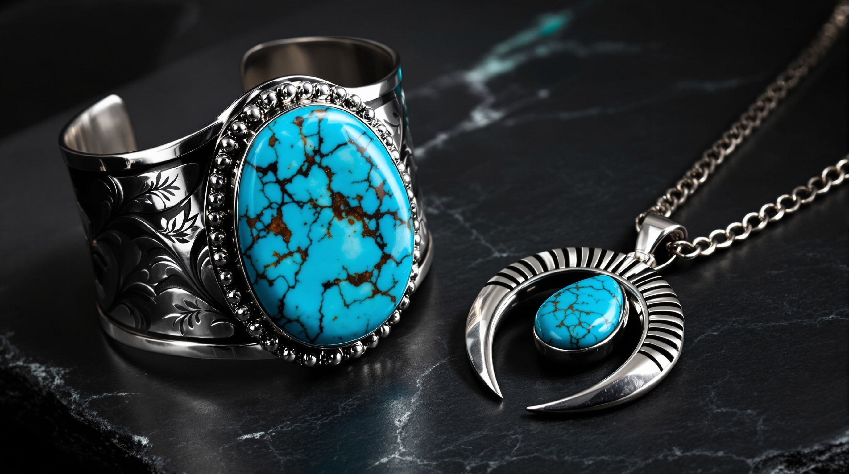 Silver cuff bracelet with natural turquoise and a squash blossom style necklace on dark slate
